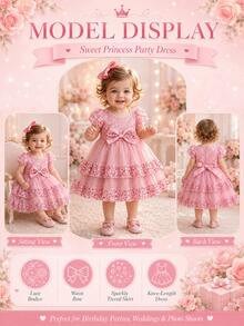 H HIBOBI Baby Girl Short Sleeve Embroidered Sparkly Bowknot Princess Dress, For All Seasons - Dusty Pink - View 7