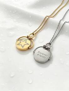 1pc Minimalist Ins Style Stainless Steel Gold Plated Rotating Rhinestone Inlaid Star & Heart Pendant Necklace, Men's Gift For Friends And Family On Holidays - Silver - View 4