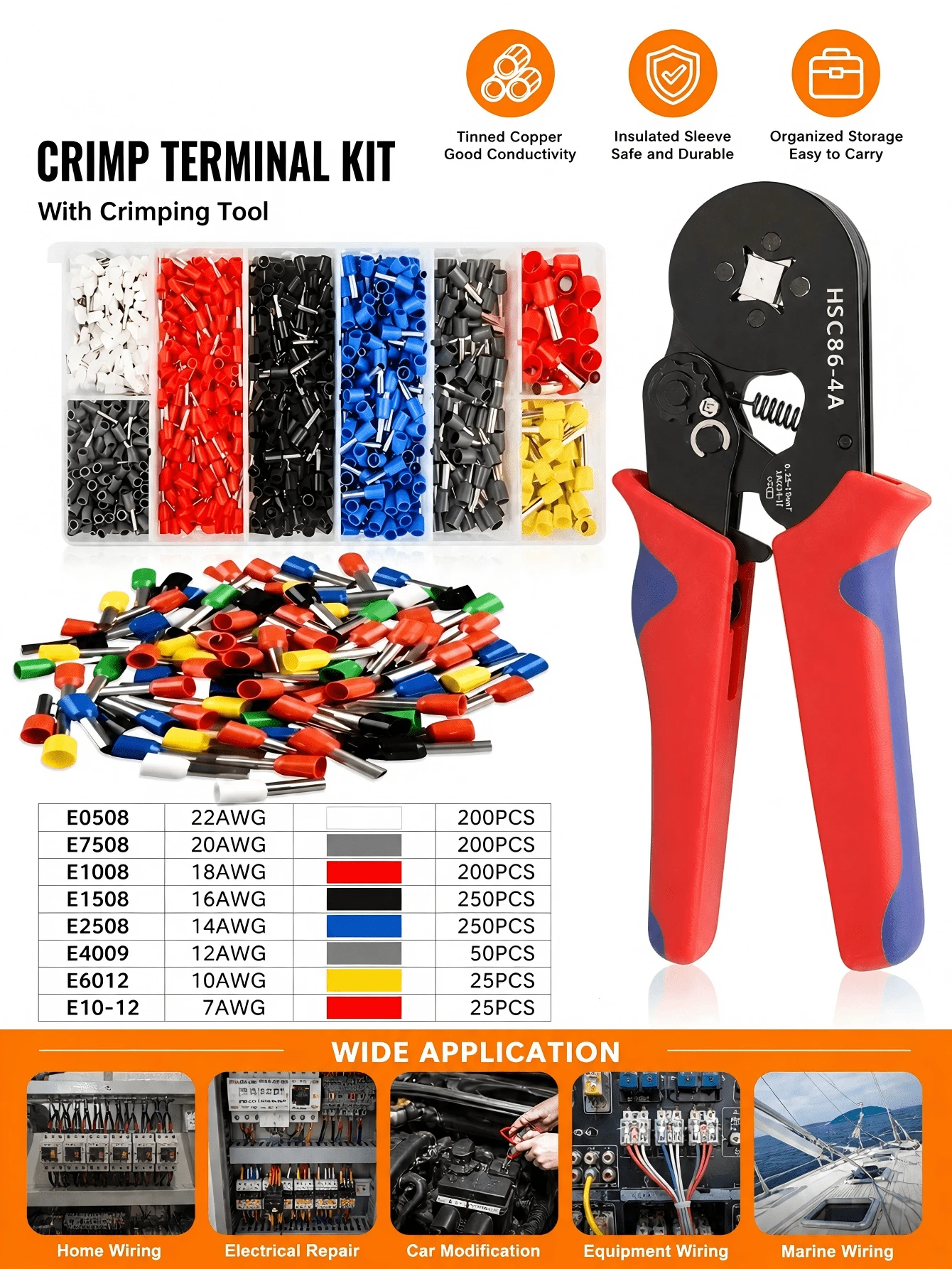 Ensemble de sertissage de bornes à broches 1800/1200/800/400pcs, comprend un outil de sertissage à cliquet auto-ajustable, des bornes de fil isolées à pression à froid 22-10AWG, des bornes tubulaires VE multi-spécifications, convient pour le câblage électrique/la réparation automobile/le câblage industriel (160/80pcs)
