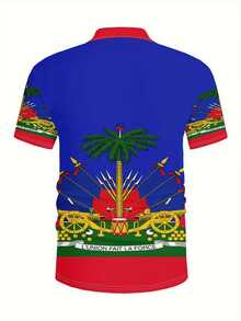 Haiti Flag Emblem Featuring Palm Tree And Weapons Symbolizes National Pride And Freedom For This 3D Printed Mens Casual Short Sleeve Polo Shirt - 白色 - 查看 2