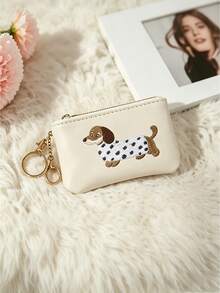 Portofel moale și drăguț în formă de câine Dachshund cu breloc, buzunar mini cu fermoar, suport pentru carduri cu model adorabil de câine alb cu pete, portofel compact și portabil pentru utilizare zilnică și cadouri - Multicolor - Vizualizare 4