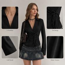 Fitted Collared Wrap Long Sleeve Side Tie Waist Solid White Blouse Casual Daily Top - 黑色 - 查看 3