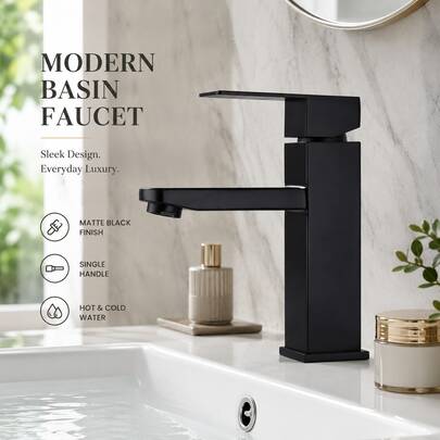 Grifo de lavabo moderno negro mate, grifo mezclador de agua fría y caliente de una sola manija, grifo de lavabo de baño cuadrado para decoración de tocador de hogar, hotel y baño, accesorio de baño estilo europeo