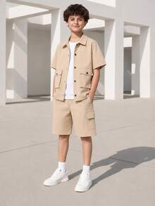 Boys' Casual Fashion Workwear Shirt Collar Short Sleeve Shirt And Shorts Set, Spring/Summer - Khaki - View 10