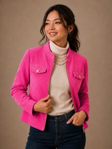 Women's Corduroy Jacket With Zipper, Elegant And Warm, Modern, Winter, Velvet, Holiday, School, Vacation, Daily, Office - 玫紅色 - 查看 3