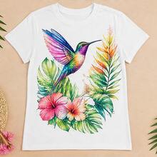 Camiseta mujer manga corta con colibrí y flores tropicales, playera estampada casual, fresca para verano, vacaciones y uso diario - Blanco - Ver 4