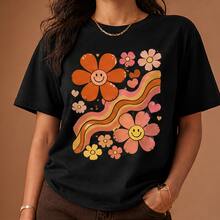 Playera mujer flores retro, camiseta estampada manga corta, blusa casual de algodón, cuello redondo para primavera, verano, festival y diario - Negro - Ver 1