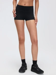 Shorts ajustados de cintura alta para mujer, costuras simples - Negro - Ver 4