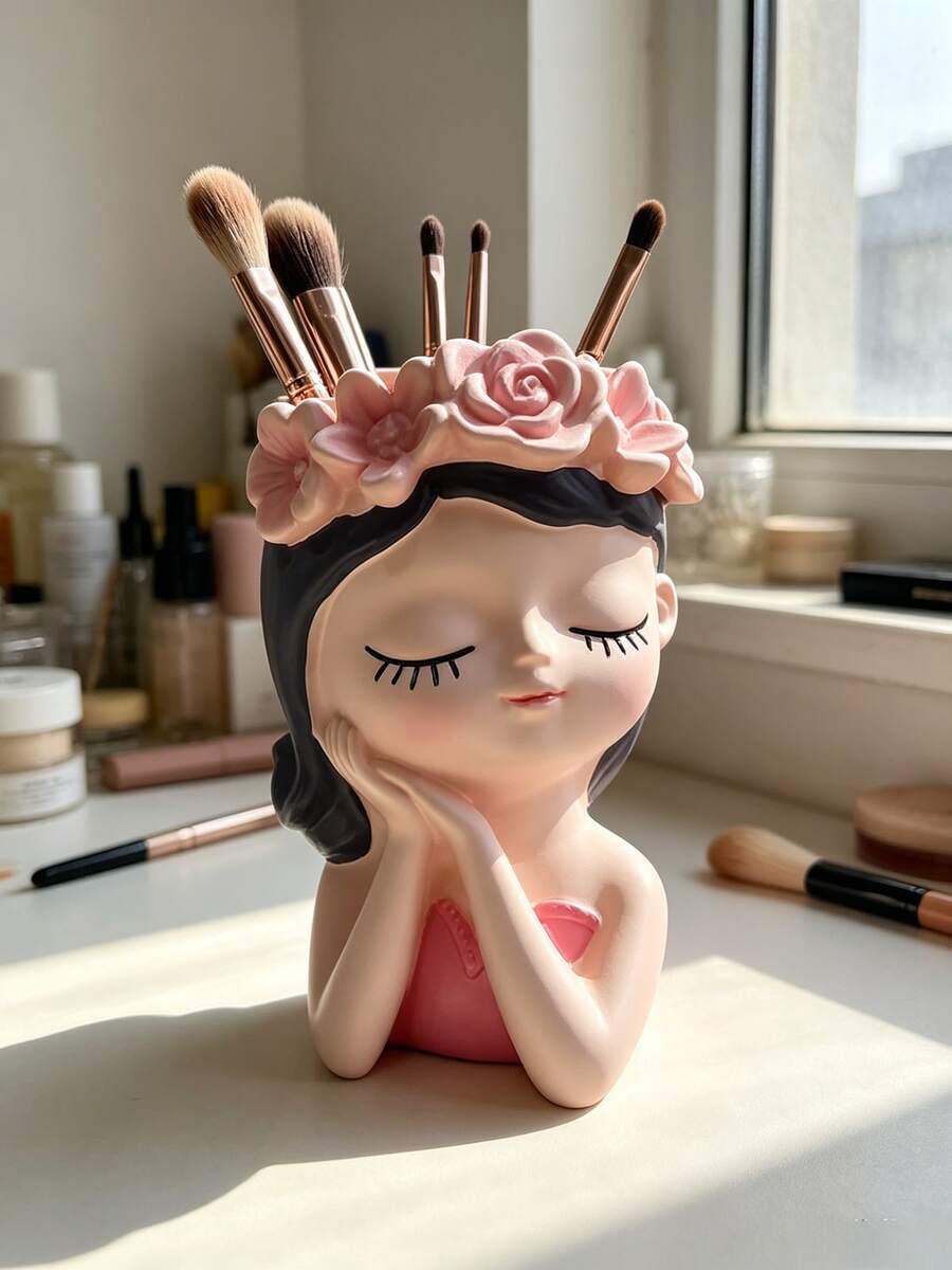 1pc Creative Girl Makeup Brush Holder, Cute Drying Rack, Decorative Vanity Storage Box, Multi-Functional Makeup Tool Organizer