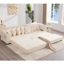 [NEW ARRIVED] [VIDEO PROVIDED] 110.75" Modular L Shaped Sofa Corduroy Fabric Sectional Couch With A Movable Footstool Cup Holders Bring 8 Throw Pillows Side Pocket Unfold Into A Bed Beige - Beige + Upholstered + Wood+Fabric + 4 Seat + Modern1 - View 10