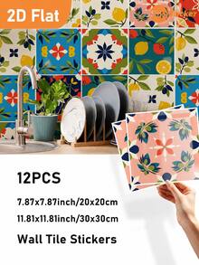 12 piezas de pegatinas de azulejos con diseño floral de plantas, resistentes al agua y al aceite, calcomanías de vinilo removibles para salpicadero de cocina - 12 piezas - Ver 1