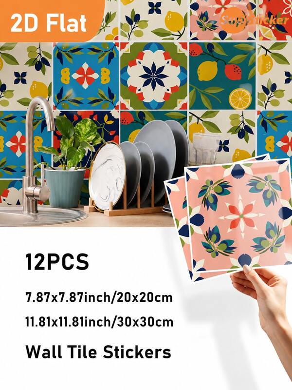 7.87*7.87 pulgadas/11.81*11.81 pulgadas 12 piezas Papel tapiz con patrón floral de plantas transparente, material de vinilo autoadhesivo y removible, resistente al agua, al aceite y al desgaste, fácil de limpiar, adecuado para la pared de la cocina, la estufa y otros espacios de renovación de paredes, transformación y remodelación de paredes