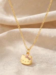 Miniso Hello Kitty 金色吊墜項鍊配粉色水鑽蝴蝶結，輕巧舒適，女性日常派對禮物 - 樣式1 - 查看 3