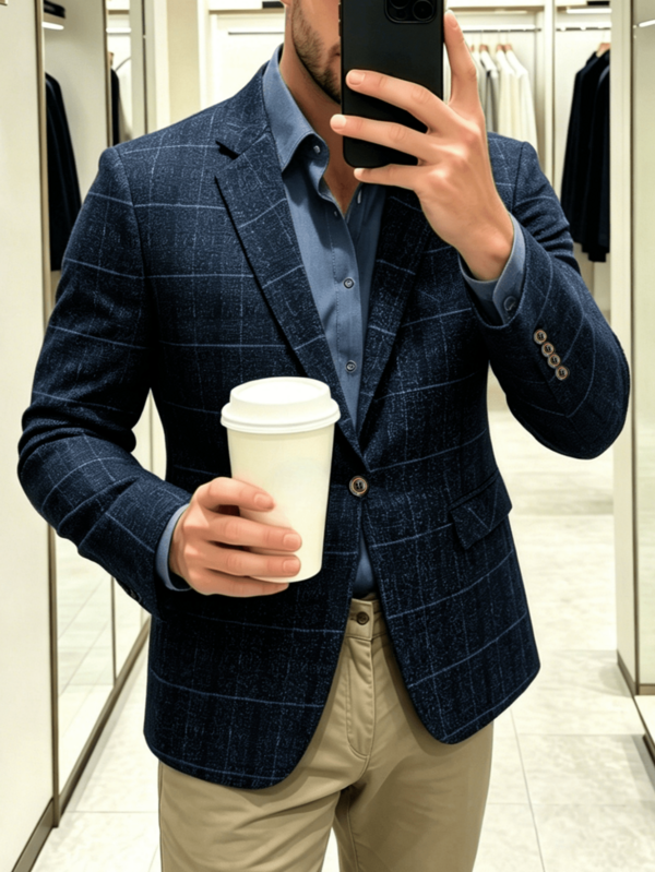 Men's Plaid Long Sleeve Suit Jacket, Suitable For Attending Parties, Weddings And Other Occasions