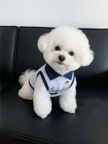 1件狗狗貓咪夏季戶外配色條紋透氣馬球領背心，小型犬比熊雪拿瑞寵物服飾，寵物狗貓馬球領背心夏季薄款小型犬比熊馬爾濟斯約克夏寵物衣服 - 藏蓝色 - 查看 5