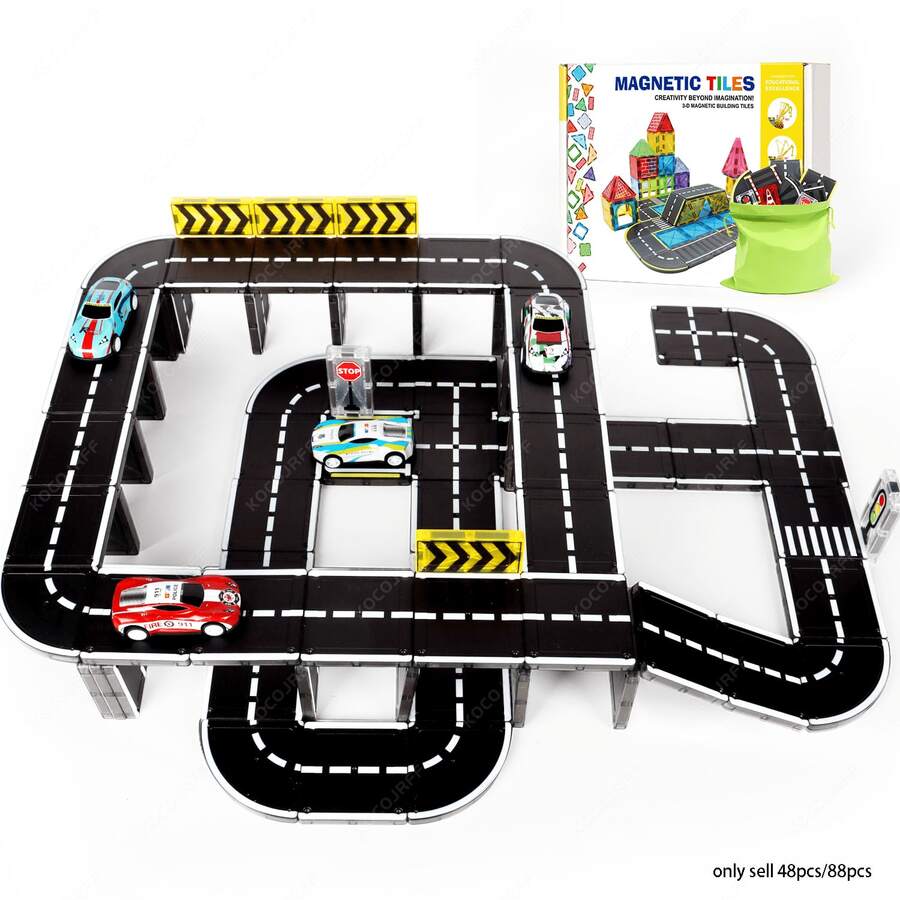 48/88 piezas Baldosas magnéticas de construcción, pistas de carretera, con mini coches, señales de tráfico, bloques magnéticos, juguetes educativos y creativos de construcción STEM, adecuados para regalos de cumpleaños y festividades de niños, colores aleatorios