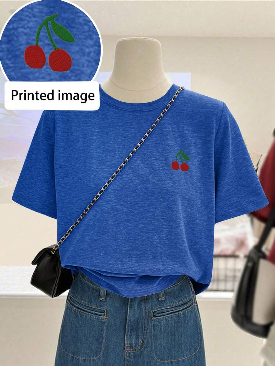 Attractive CHERRY Style Round Neck T-Shirt To Shine. - 藍色 - 查看 1
