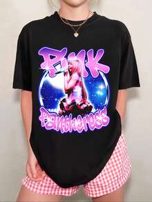 PinkPantheress Unisex T-Shirt With Neon Stage Portrait, Y2K Style, American Retro Style - 黑色 - 查看 7