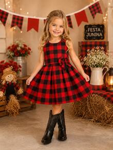 Children's Dress For June Party Girl Plaid Print Bow Elegant Classic Round São João Arraiá Country Look Quadrilha Themed Party Country June Photo Shoot Elegant Sophisticated - Đỏ - Xem 2