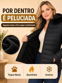 Women's Plus Size Puffer Jacket, Fleece Lined, Hood With Removable Fur, Cold Weather, Winter, Waterproof - 黑色 - 查看 6