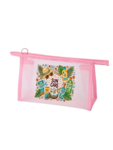 網格化妝包夏季防曬主題彩妝包，印有「Sun Care」字樣防曬產品，多功能化妝收納袋，便攜式彩妝包，護膚包，化妝品收納袋，學校用品收納袋，海灘必備 - 彩色 - 查看 12