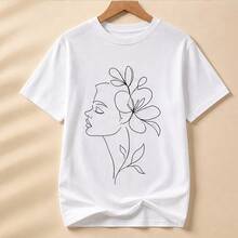 Women's T-Shirt With Linear Floral Face Print, Short-Sleeved Women's T-Shirt, Artistic Casual Blouse, Round Neck, Comfortable For Office And Everyday Wear - 白色 - 查看 4