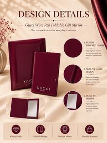 Gucci 古馳紅酒色折疊鏡，亮面酒紅皮質外殼搭配品牌標識，精緻縫線工藝盡顯質感；超薄折疊設計輕盈便攜，鏡面高清清晰，輕鬆滿足日常補妝、整理妝容的需求，復古優雅的設計兼具實用性與高級感，自用或作為伴手禮都很合適。 - 酒紅色 - 查看 6