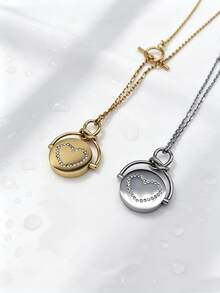 1pc Minimalist Ins Style Stainless Steel Gold Plated Rotating Rhinestone Inlaid Star & Heart Pendant Necklace, Men's Gift For Friends And Family On Holidays - Silver - View 3