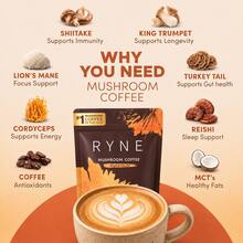 RYNE Organic Mushroom Coffee | USDA Organic | #1 Mushroom Coffee In The USA | 30 Servings (6.35oz / 180g) | Dietary Supplement Drink Mix - 1包 - 查看 7