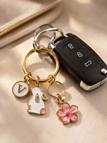 Customizable Initial Spring Cherry Blossom Keychain Set, Pink Flower Rabbit Pendant, Forest Fairy Style Key Ring, Unisex Car Key Fob, Daily & Holiday Accessory, Cute Style Keychain Suitable For Bags, Women's Accessories, Customized Tags, Gift For Women - White Rabbit + Pink Flower - View 4