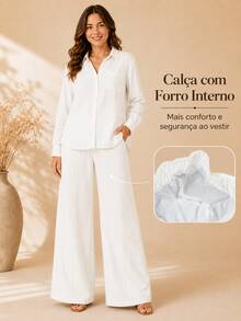 Women's Viscose Linen Set: Long-Sleeved Shirt With Buttons + Lined Wide-Leg Pants. Lightweight And Breathable Fabric. Elegant Casual Look For Work, Outings, And Everyday Wear. - 白色 - 查看 1