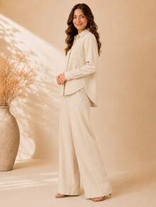 Women's Viscose Linen Set: Long-Sleeved Shirt With Buttons + Lined Wide-Leg Pants. Lightweight And Breathable Fabric. Elegant Casual Look For Work, Outings, And Everyday Wear. - 米色 - 查看 6