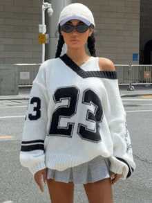 Plus Size Women's V-Neck Digital Print Dropped Shoulder Lantern Long Sleeve Casual Loose Pullover Sweater For Autumn And Winter - White - View 4