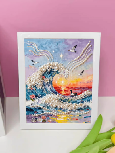 1 miếng DIY tranh đính đá dán thêu ngọc trai vẽ tranh sóng nước trang trí nhà cửa khoan đầy 15*20cm