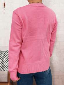 Plus Size Women's Solid Color Single-Breasted Casual Versatile Everyday Cardigan - Hot Pink - View 2