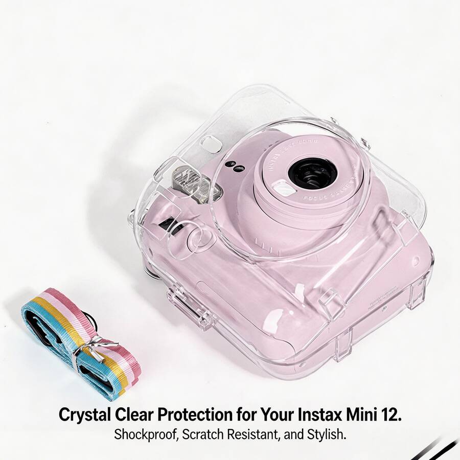 1個透明硬殼 Fujifilm Mini 12 拍立得相機保護殼，水晶透明PC材質，附可調節彩虹背帶，精準開孔，防震耐刮，可完全操作所有按鈕