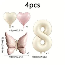 4pcs Cream Pink Butterfly Heart Number 1-9 Balloon Set, 40 Inch Large Foil Balloons, Suitable For Birthday Party Decoration, Baptism And Friends Gathering Backdrop Decor Supplies - Butterfly Heart Number - View 10