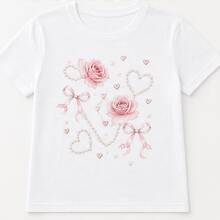 Playera para mujer con rosas y lazos, camiseta manga corta estampada, cuello redondo, casual femenina para outfit diario y ocasiones - Blanco - Ver 4