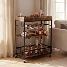3 Tier Rolling Bar Cart With Wine Rack And Handle, Mobile Serving Trolley With Wheels, Kitchen Storage Cart For Dining Living Room Bedroom Outdoor Use - 棕色 - 查看 9