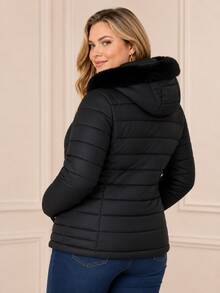 Women's Plus Size Puffer Jacket, Fleece Lined, Hood With Removable Fur, Cold Weather, Winter, Waterproof - 黑色 - 查看 7