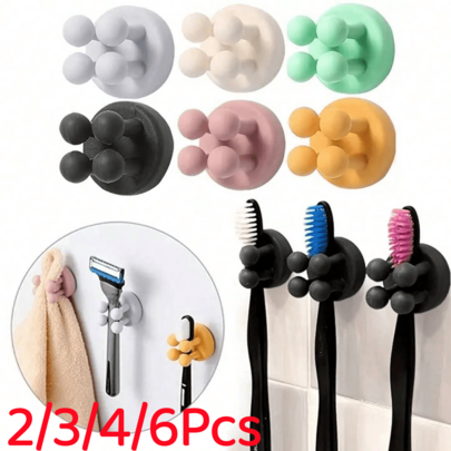 2/3/4/6Pcs Bathroom Toothbrush Razor Storage Rack Set, With Wall-Mounted Self-Adhesive Multi-Functional Cute Hooks, Suitable For Hanging Brushes In Kitchen, Living Room, Bathroom Or Office