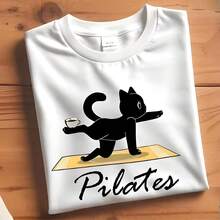 Stylish Pilates Kitten T-Shirt For Women, 100% Cotton, White Shirt - On - 白色 - 查看 9
