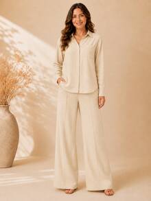 Women's Viscose Linen Set: Long-Sleeved Shirt With Buttons + Lined Wide-Leg Pants. Lightweight And Breathable Fabric. Elegant Casual Look For Work, Outings, And Everyday Wear. - 米色 - 查看 5