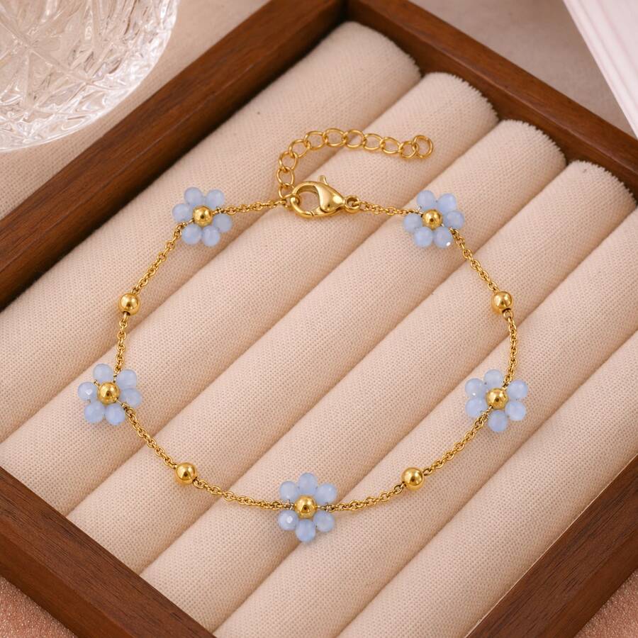 1件波西米亚风蓝色花卉吊坠手链，女士不锈钢夏季饰品，适合办公室、约会、派对、海滩度假和送礼。