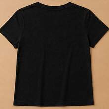 Playera para mujer cempasúchil y mariposas, camiseta estampada manga corta, blusa casual de algodón, cuello redondo para fiesta y uso diario - Negro - Ver 5