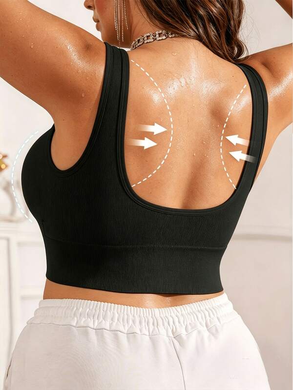 Plus Size Ribbed U-Back Bralette, Seamless Square Neck Bra For Women