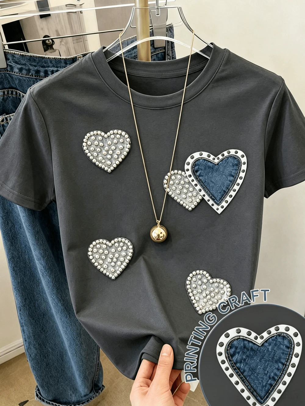 Women's Short-Sleeved Printed T-Shirt, Spring Clothing, Holiday Outfit, White For Summer, Beach Look, Vacation, Country Style, Women's Office Outfit. - 深灰色 - 查看 1