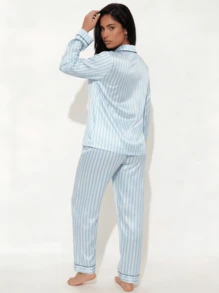Snug League 2pcs/Set Women Blue Striped Long Sleeve Pajama Set - Blue - View 7