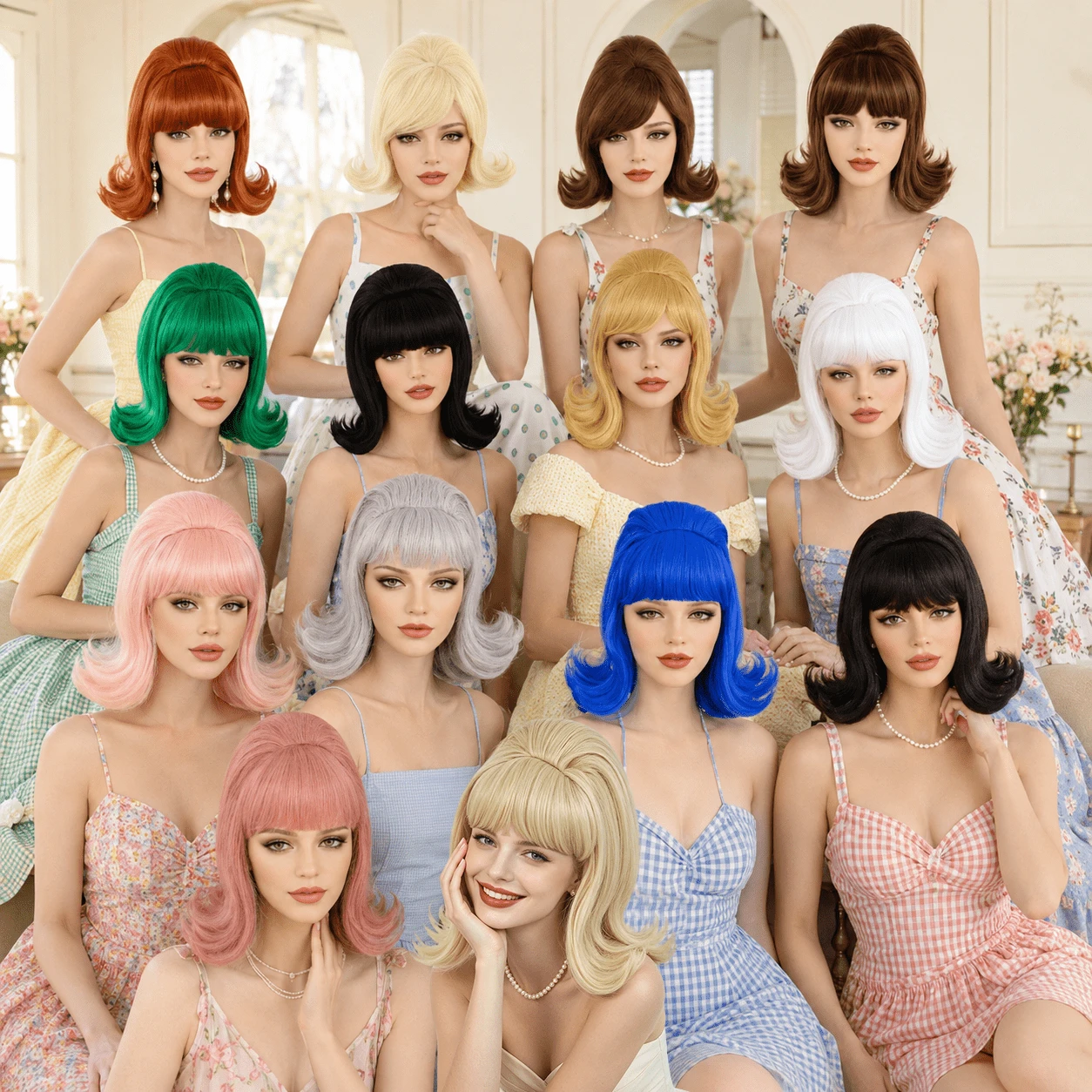 60年代復古蜂巢短捲髮假髮附瀏海,高頂髮型,適合派對、Cosplay及日常配戴 - 彩色 - 查看 1