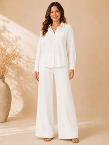 Women's Viscose Linen Set: Long-Sleeved Shirt With Buttons + Lined Wide-Leg Pants. Lightweight And Breathable Fabric. Elegant Casual Look For Work, Outings, And Everyday Wear. - 白色 - 查看 9